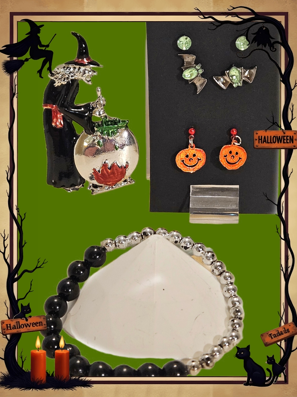 Halloween Witch Brooch Jewelry Set in Silver, Black, Orange & Green